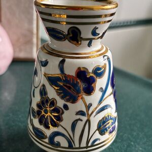 Handmade Ceramic Vase from Greecr with Blue and Gold Floral Design. 6 inched